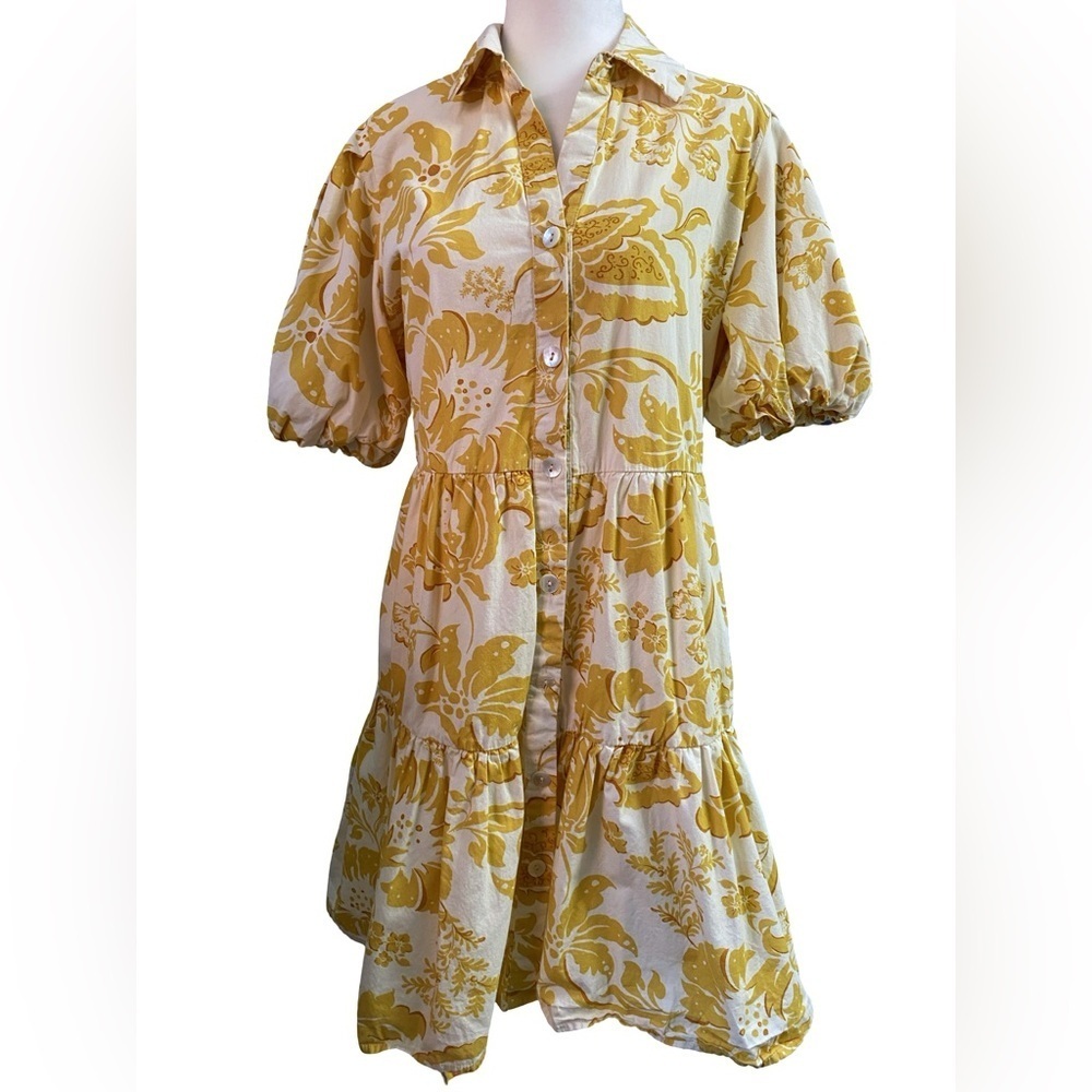 Jessica Simpson Yellow Floral Mini Dress Size L Button Flaw No Belt